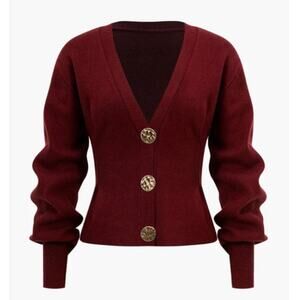 Knit Button-Up Cardigan with Sculpted Waist | Deep Red - NWT - L